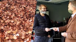 Man Paid in 90000 Oily Pennies Cashes In With Coinstar [upl. by Aramoiz333]