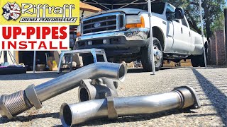 2001 F350 73  RiffRaff UpPipes Install  Stock up pipes leaking and falling apart JUNK SP [upl. by Norred]